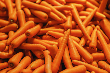 Bunch of fresh carrots on counter in supermarket