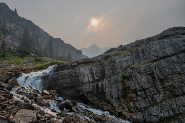 Smoke shrouded alpine at Lake O’Hara in Yoho National Park, British Columbia, Canada