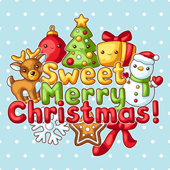 Sweet Merry Christmas greeting card. Cute characters and symbols. Holiday background in cartoon style.