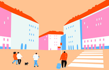 Obraz na płótnie Canvas People in the big city. Vector cartoon flat illustrations. People on the city streets. Freehand drawings for poster, card and cover. Landscape city center with many building.