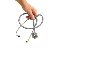 Stethoscope medical device in male hand doctor on white background, an isolate.