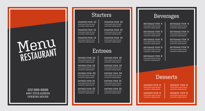 Restaurant menu flyer grey and orange modern design
