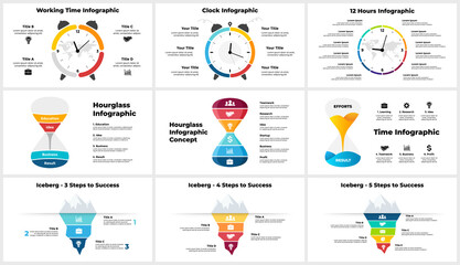 Vector time infographic. Clock circle diagram. Hourglass chart. Iceberg conceptual banner. Presentation slide template. Alarm concept with 6 options.