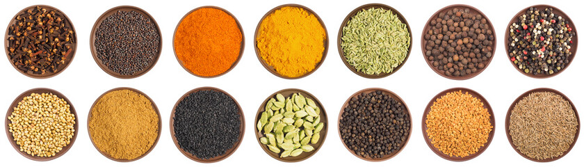 Set of spice in clay plate: cloves, mustard seeds, chili pepper, turmeric, fennel, allspice,...