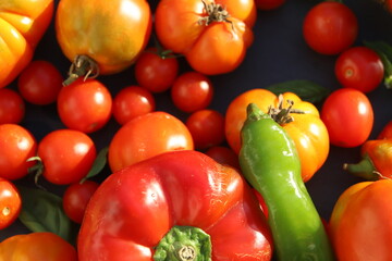 Close up of  red  and green vegetables - view from above - tomatoes, peppers