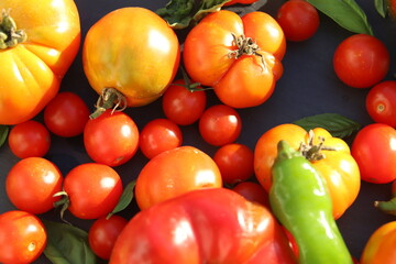 Close up of  red  and green vegetables - view from above - tomatoes, peppers