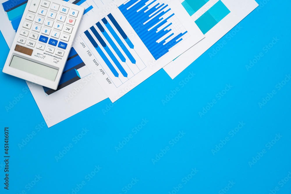 Poster office workplace table with report pages with financial data