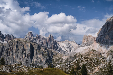 Averau-Nuvolau group, Col di Lana, Sass di Stria mountain, Picollo Lagazuoi, Fanis group, Tofane massif and Cinque Torri as seen from Rifugio Nuvolau, Cortina d'Ampezzo, Dolomites, Italy