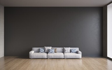 3d visualization of a large spacious modern interior with a concrete wall and a comfortable sofa with pillows, 3d render with copy space on an empty dark wall.
