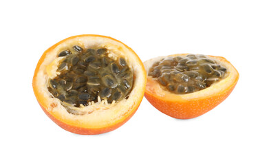 Halves of delicious ripe granadilla isolated on white