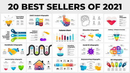 Fototapeta na wymiar 20 best sellers of 2021. Infographic presentation templates. From business, creative thinking and digital to education, medicine or science. Diagrams, charts, illustrations collection. 