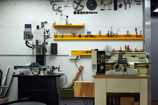 Interior of workshop with assorted tools and equipment