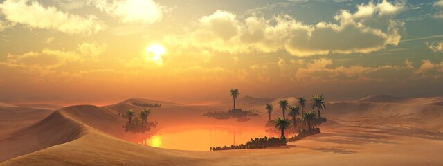 Oasis, sand desert with palm trees and pond at sunset, sandstorm and oasis, 3D rendering © ustas