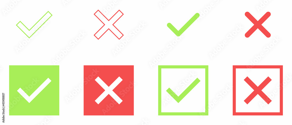 Aufkleber set of green and red tick and cross. simple check marks icon. yes or no accept and decline symbol. b