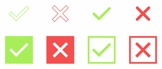 Set of green and red tick and cross. Simple check marks icon. YES or NO accept and decline symbol. Buttons for vote, election choice. Empty, square frame. Check mark OK and X icons. Vector