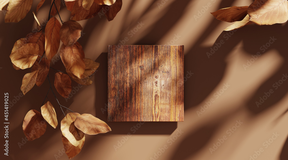 Wall mural 3d background, wood display flat lay podium on natural brown backdrop and dry leaf shadow. product p - Wall murals