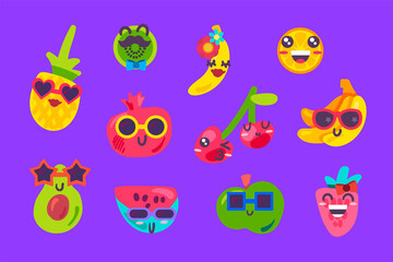 Fototapeta na wymiar Summer fruits emoji emotion collection set vector