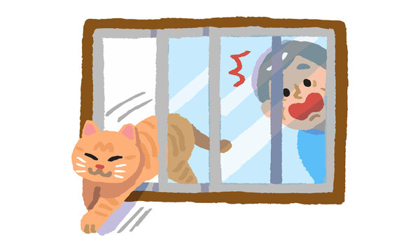 窓の隙間から逃げ出す猫と驚くシニア男性
