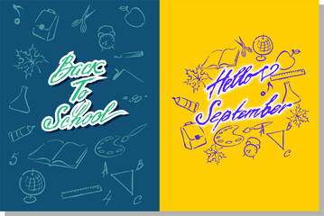 Back to school, study, colored set with symbols: backpack, triangle, ruler, apple, pencil, book, palette, brush, paper clip, glue, scissors, globe, flask, angle, score, numbers, root, alarm clock