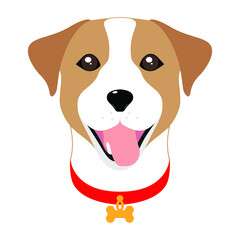 A smiling Jack Russell dog in a red collar with a pendant. Icon, image, button, element, web design. Isolated vector illustration on white background