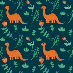 Background with wild dinosaurs among nature. Baby Dino background for kids. Cartoon characters with animals for textiles in doodle. Vector illustration