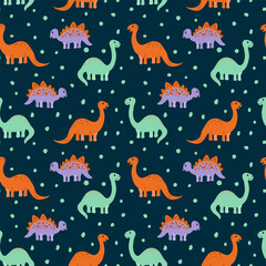 A pattern with cute dinosaurs. Children's Fund of wild animals doodle. Cartoon characters for textiles. Vector illustration