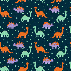 Fototapeta premium A pattern with cute dinosaurs. Children's Fund of wild animals doodle. Cartoon characters for textiles. Vector illustration