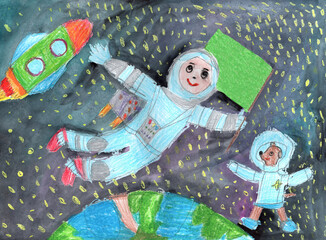 Watercolor children drawing space planet rocket