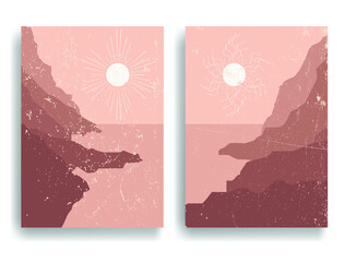 Poster with seaside landscape, ocean and sunset in boho style  .Minimal design with grunge elements . Trendy brochure . Terracotta colors .Vector illustration .