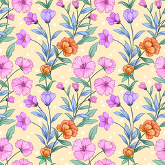 Blooming pink and orange flowers with green leaf on yellow background.