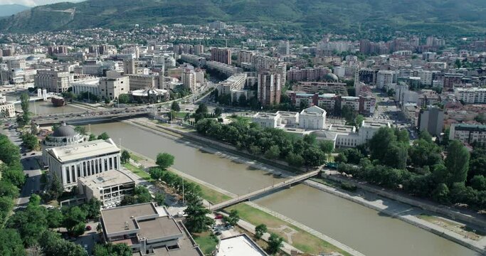Aerial panoramic view of downtown of Skopje with Government building and cityscape along Vardar river