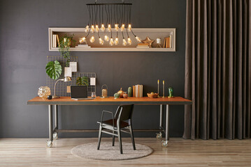 Decorative office room with classic carpet and modern lamp style, wooden table home ornament and...