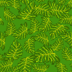 Decorative seamless pattern with random green monstera leaves ornament. Simple ornament.