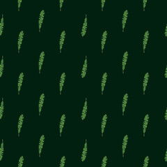 Dark seamless abstract nature pattern with botany tropic leaf elements. Black background. Green ornament.