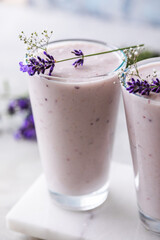 Lavender smoothie with coconut milk, blueberry.  Vegan beverage