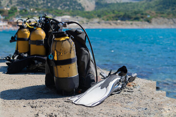 Scuba diving gear on beach. Dive Gear. diving sport. Underwater diving equipment.