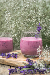 Lavender smoothie with coconut milk, blueberry.  Vegan beverage