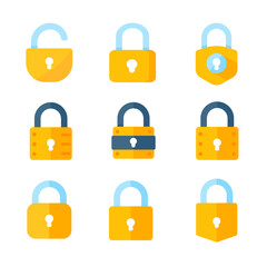 yellow padlock for locking the information on the computer data encryption concept