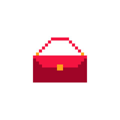 Red handbag, woman bag pixel art icon. Shop symbol design for logo, sticker, mobile app, website, badges and patches. 8-bit sprite. Isolated vector illustration.