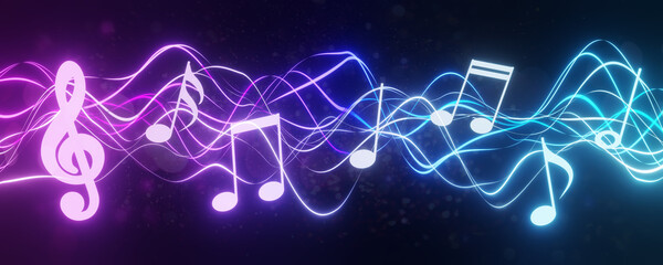Musical note concept. Staff treble clef notes. Music concert or worship night with colorful lights and bokeh background. Song or music with wide backdrop. 3D rendering. - obrazy, fototapety, plakaty