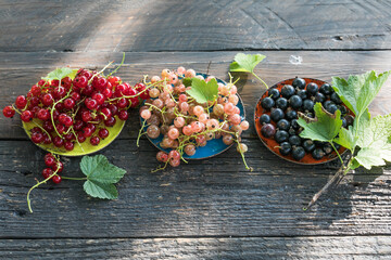 Ripe red currant berries in a bowl  on a rustic wooden background