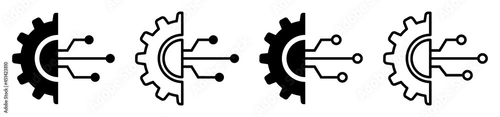 Aufkleber set of digital tech icons. gear with circuit. electronic engineering, data integration. circuit boar