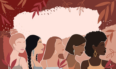 Women of different races together on an abstract autumn background with leaves. modern  flat illustration.  for poster, postcard, banner, magazine cover.. - obrazy, fototapety, plakaty