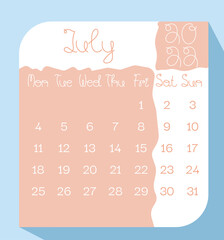 July 2022 calendar planner in pastel color with handwritten letters, week starts on Monday, template, mock up calendar leaf - Illustration. Vector graphic page