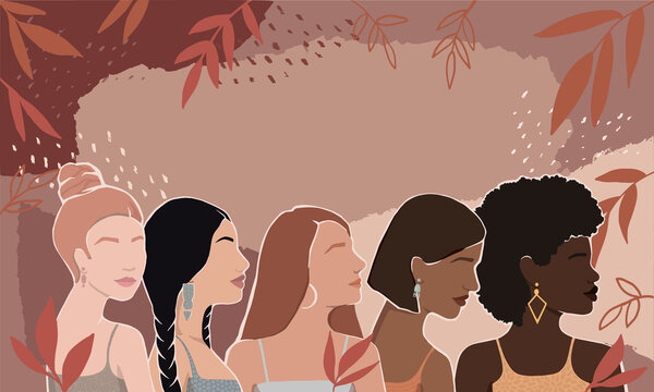 Women of different races together on an abstract autumn background with leaves. modern vector flat illustration. isolated by layers. movement to empower women. International Women's Day. women support