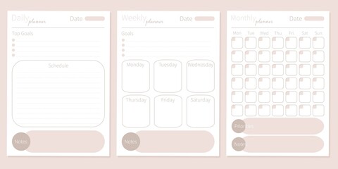 Modern collection of daily weekly monthly planner printable template with pastel ellements. Collection of note paper, to do list, stickers templates. Blank white notebook page A4