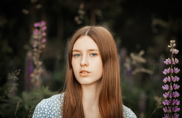 Fototapeta premium A young beautiful girl with long red hair in a clearing among the flowers. Lupines