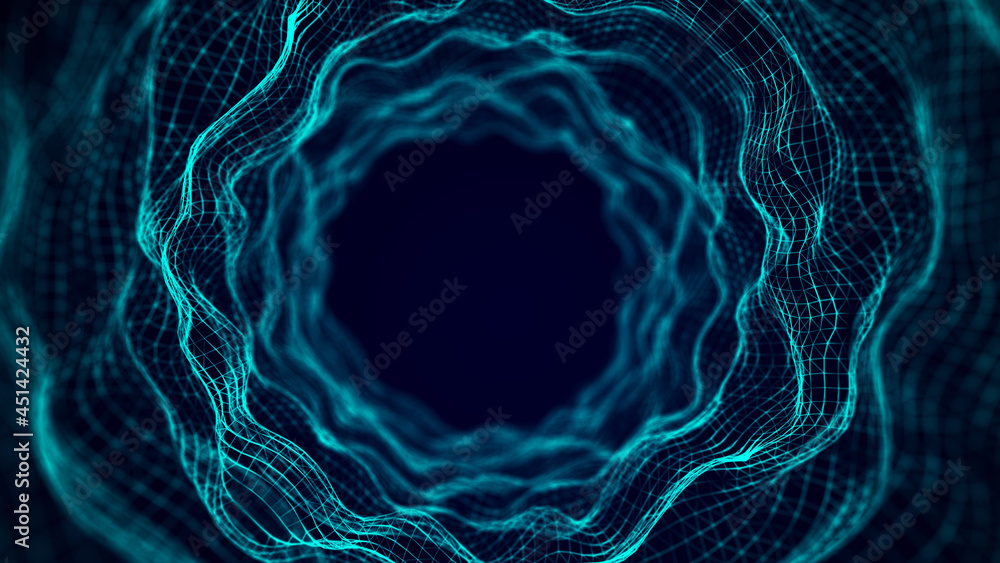 Poster technology wireframe tunnel on dark background. futuristic 3d grid. digital dynamic wave. 3d renderi