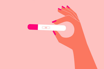 Female hand holding a positive pregnancy test with two strokes. Colorful, hands, legs. Flat, vector illustration - obrazy, fototapety, plakaty