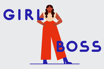 Stylish brown, black girl standing in a power pose. Girl boss, leader, business owner, female power. Vector illustration with lettering, typography 